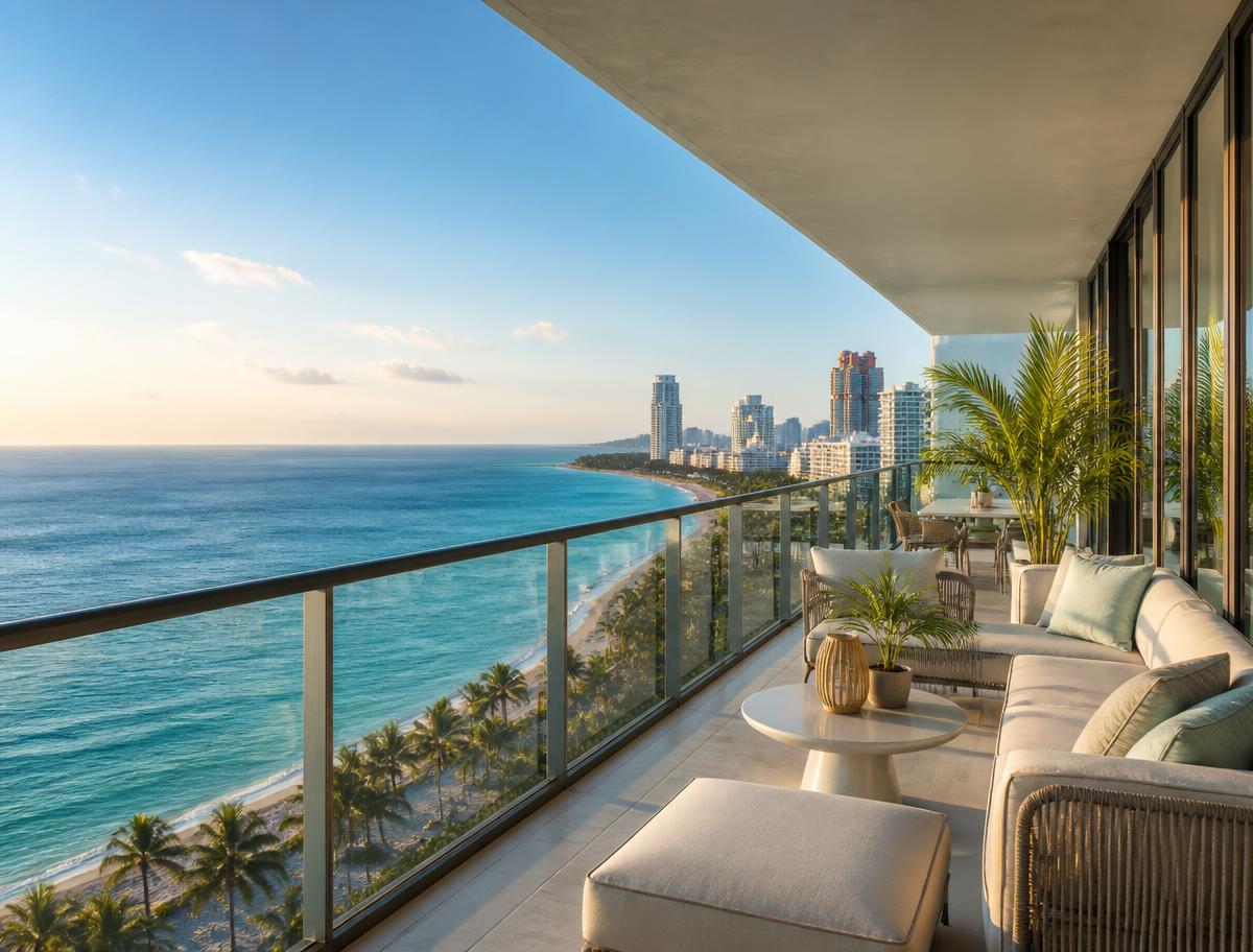 Miami oceanfront apartment balcony at golden hour