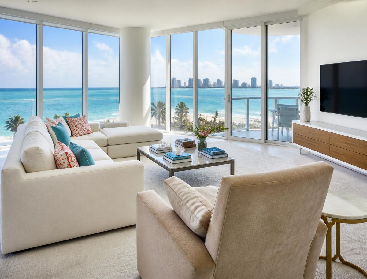 Bright Miami apartment interior with ocean views